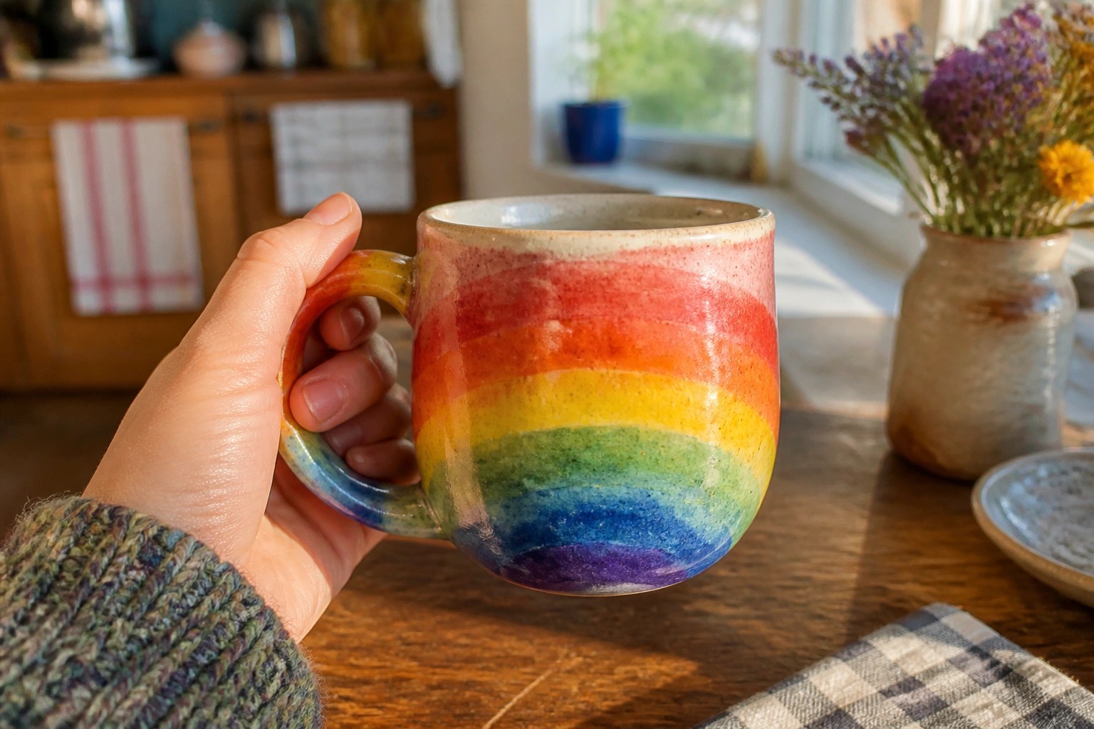 Hand holding rainbow brushstroke ceramic mug above wooden kitchen table.
