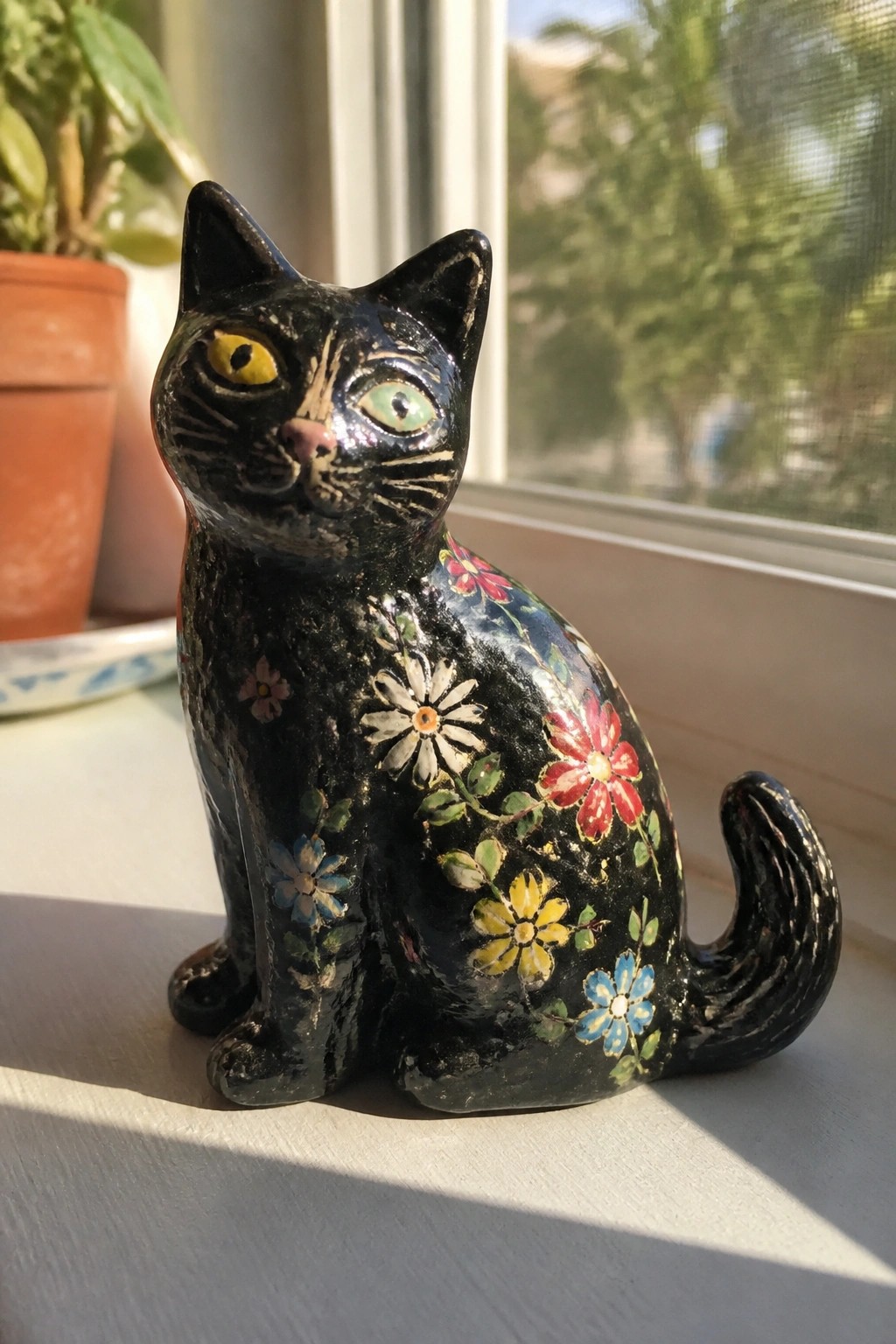 Black ceramic cat figurine with colorful floral patterns sits on sunny windowsill