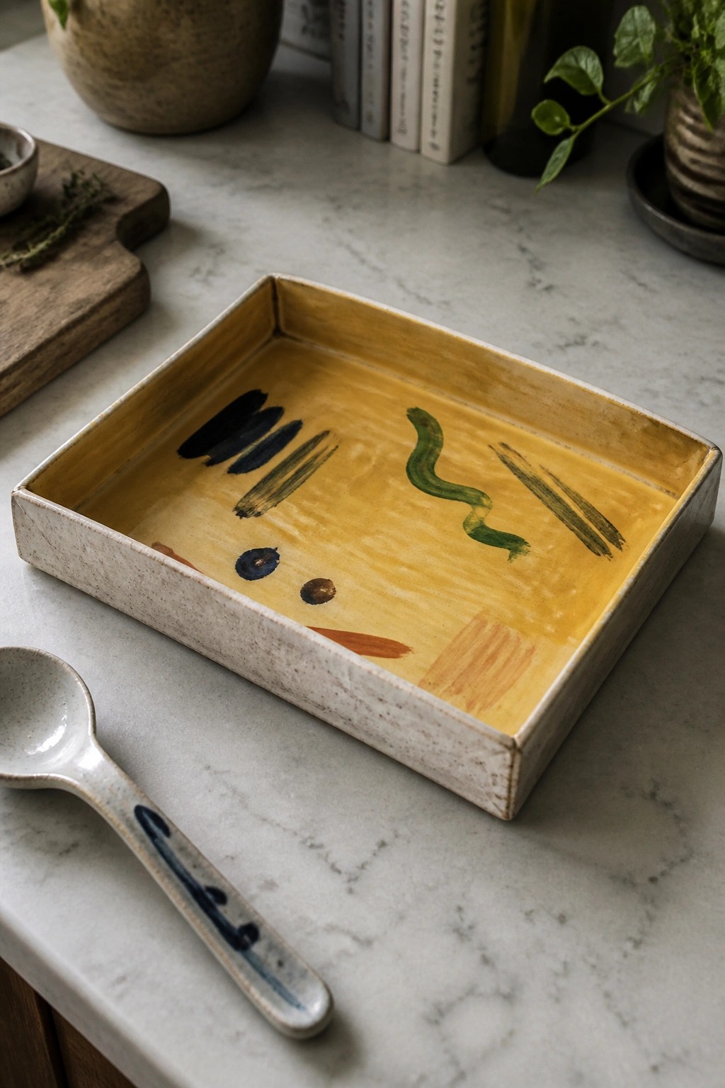 Yellow ceramic tray with abstract brushstrokes beside a blue-patterned spoon on marble.