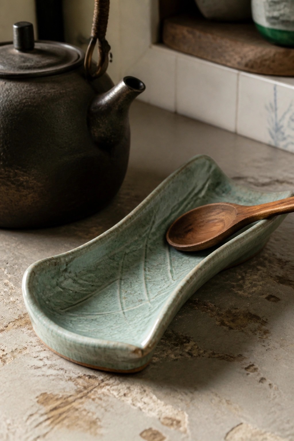 Green crackle-glaze ceramic leaf dish holding wooden spoon beside dark teapot