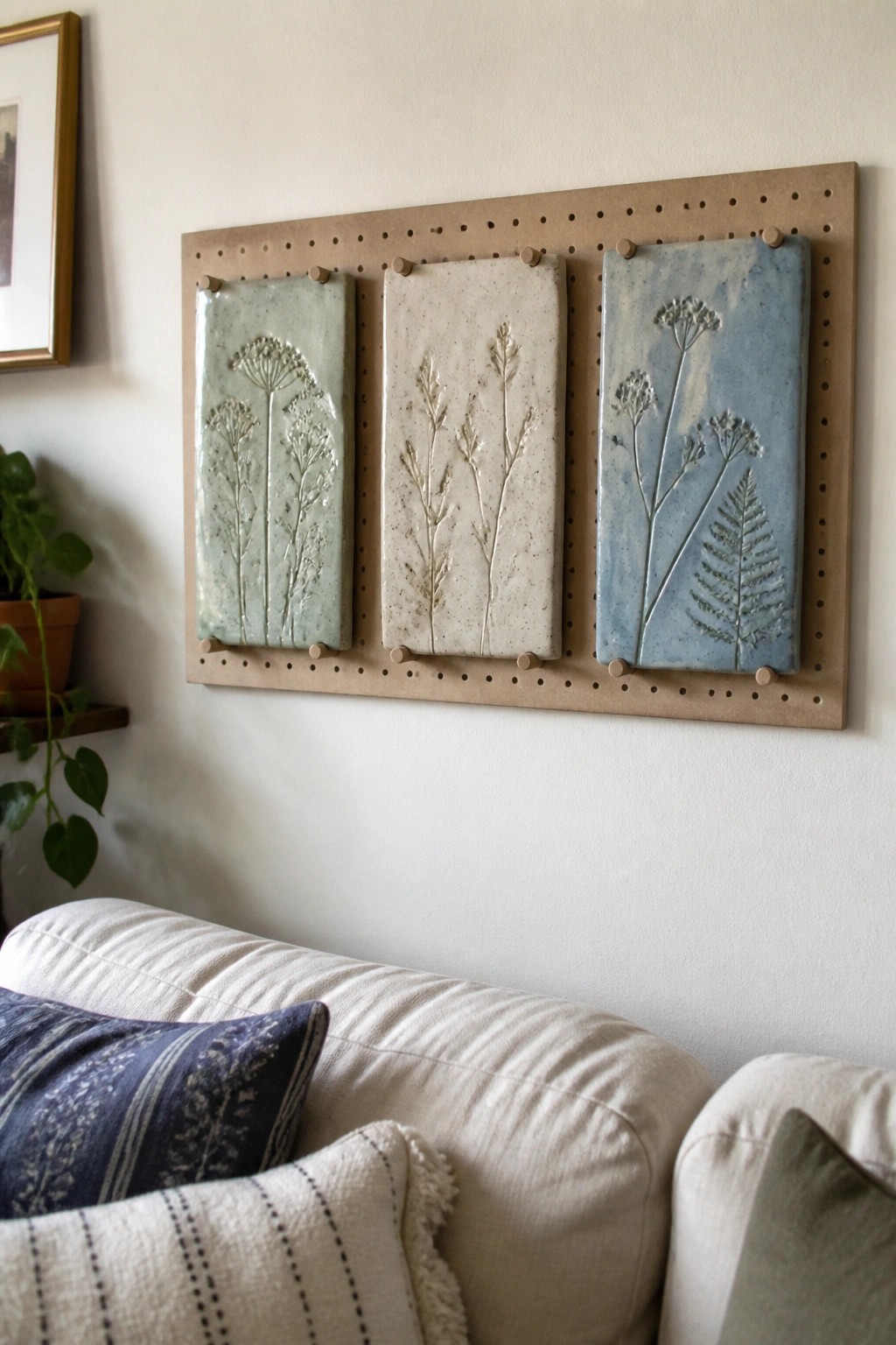 Three botanical ceramic tiles mounted on pegboard above white sofa with pillows