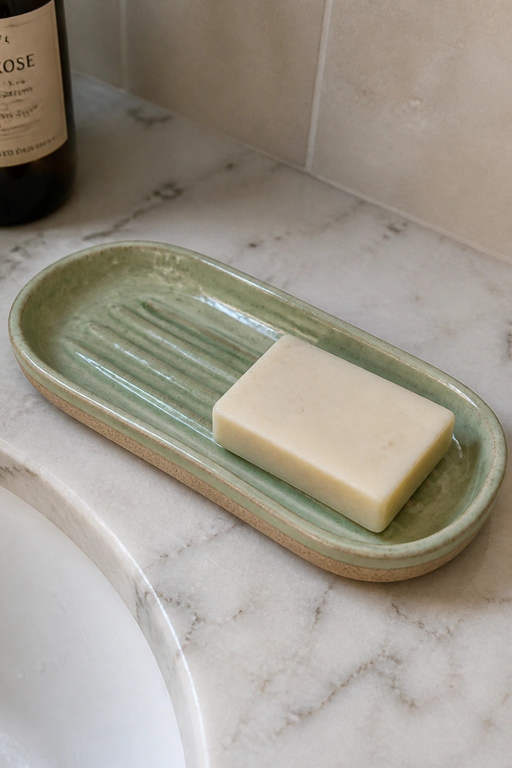 Green ceramic soap dish with ridges holding pale soap bar on marble counter