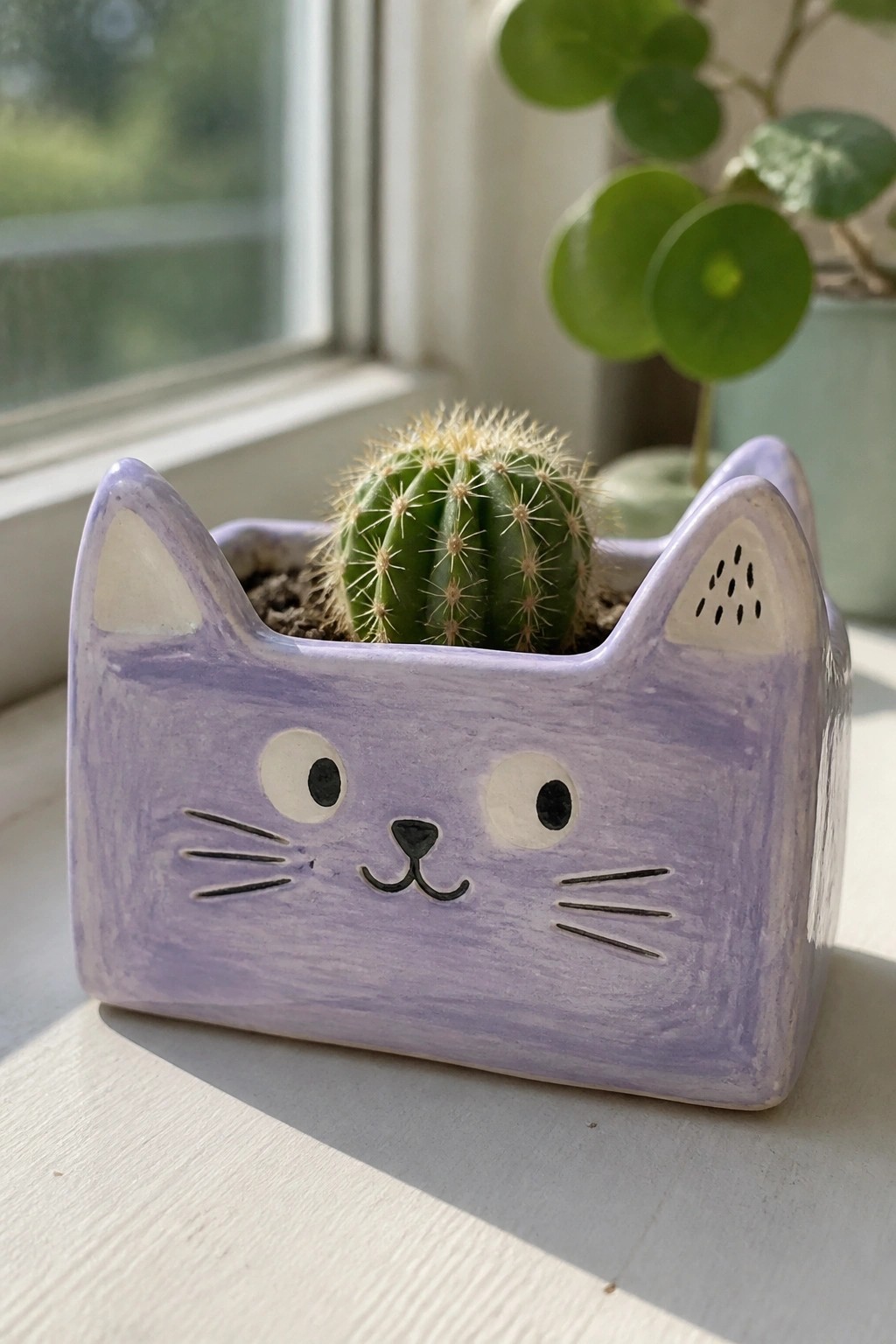 Purple cat-shaped ceramic planter holding a spiky green cactus on windowsill