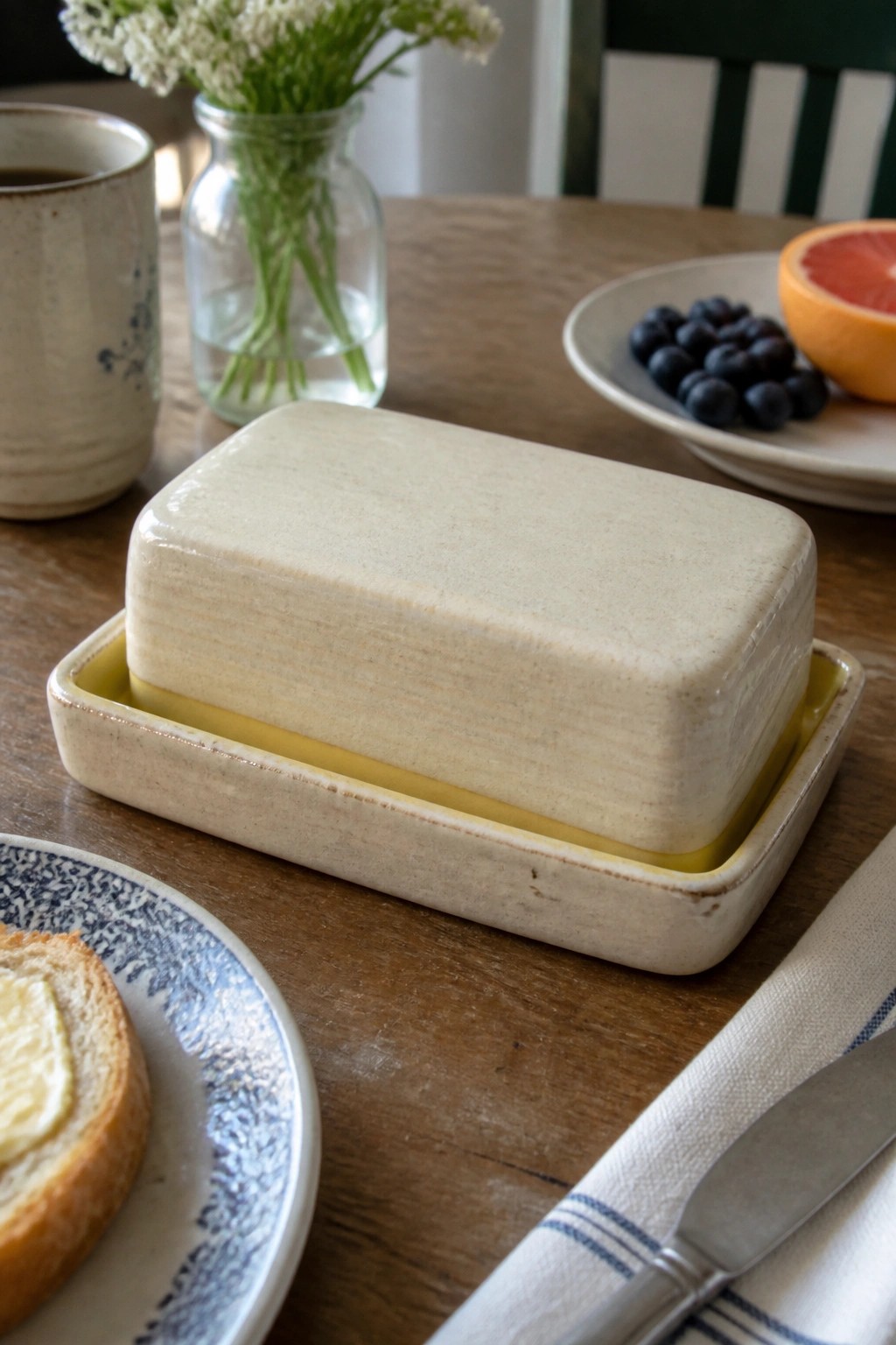 Ceramic butter dish with lid on wooden table beside toast and fruit plate