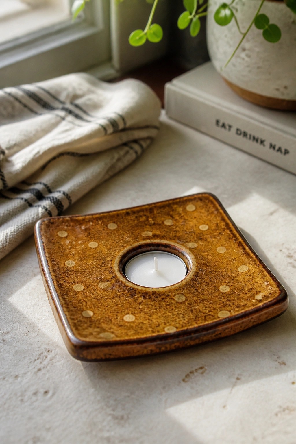 Brown speckled square ceramic holder with lit tea light on windowsill