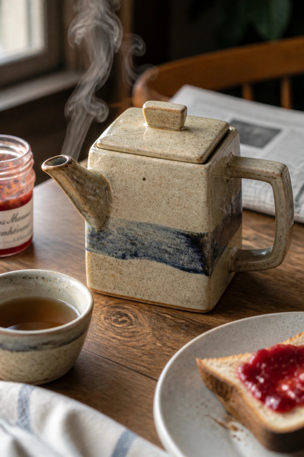 Steaming ceramic teapot beside jam toast, tea bowl, and jar on wooden table
