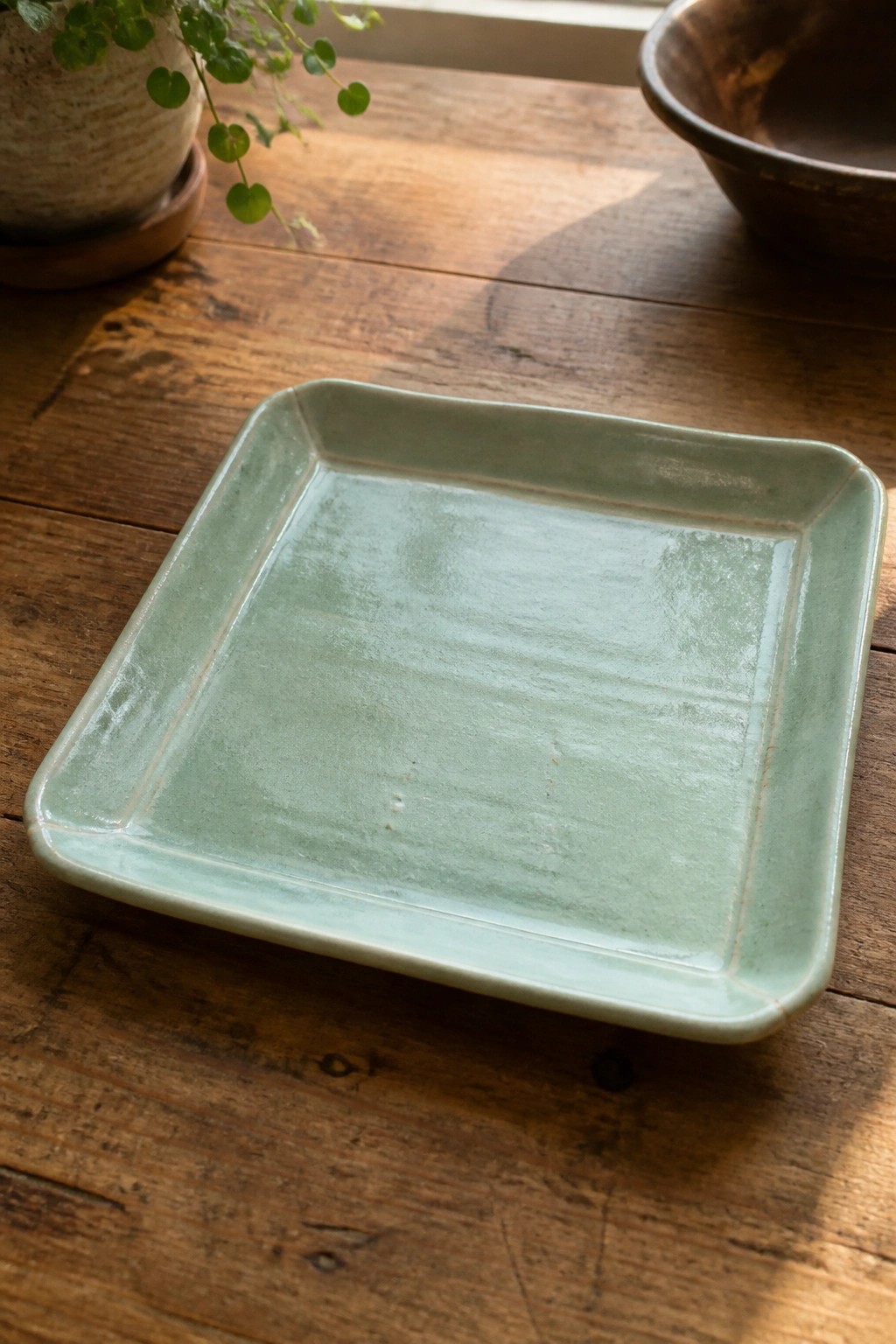 Light green square ceramic plate on rustic wooden table near potted plant.