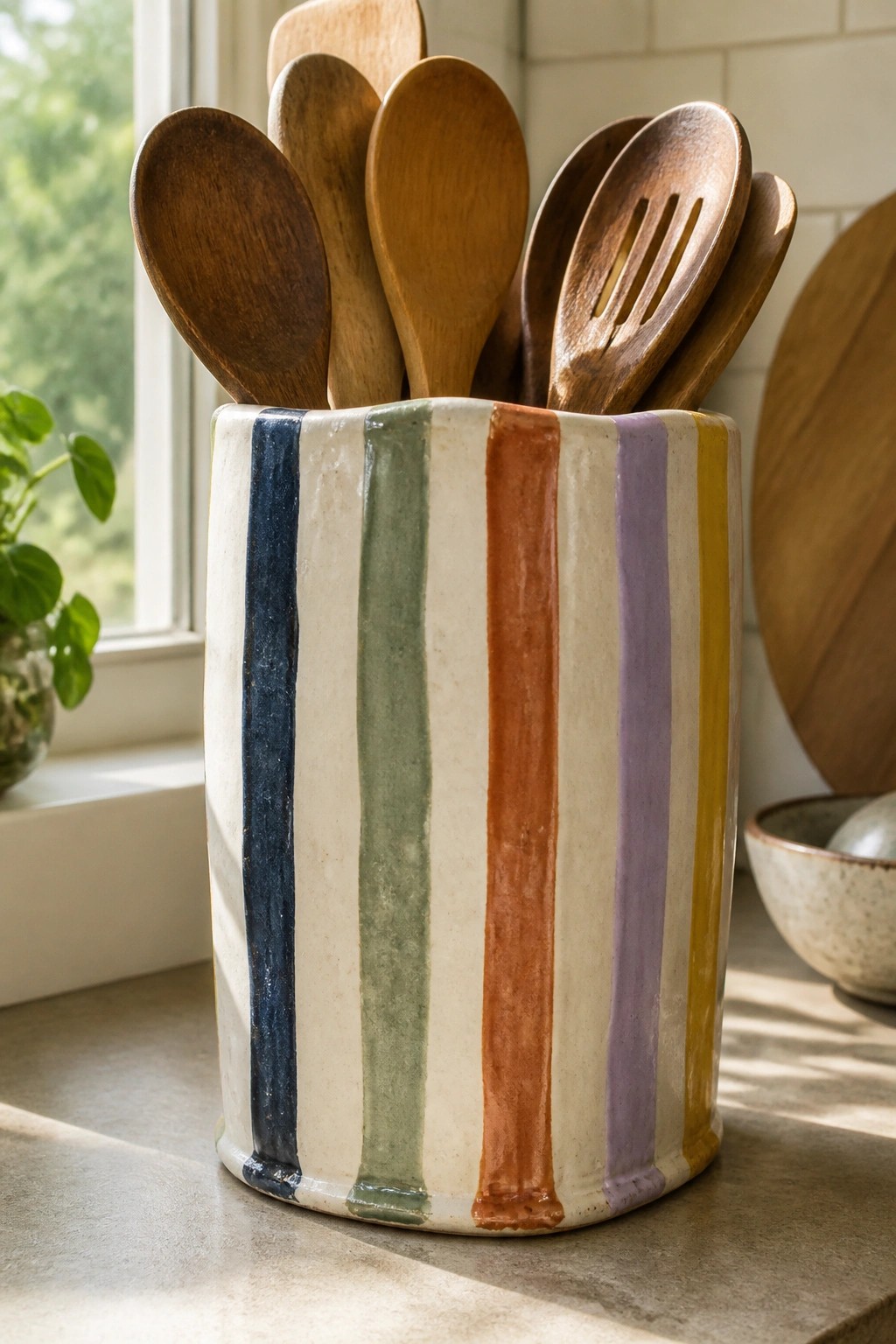 Striped ceramic holder brimming with wooden spoons on kitchen counter