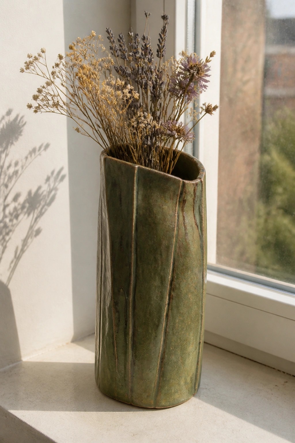 Green ribbed ceramic vase with dried flowers on sunny windowsill