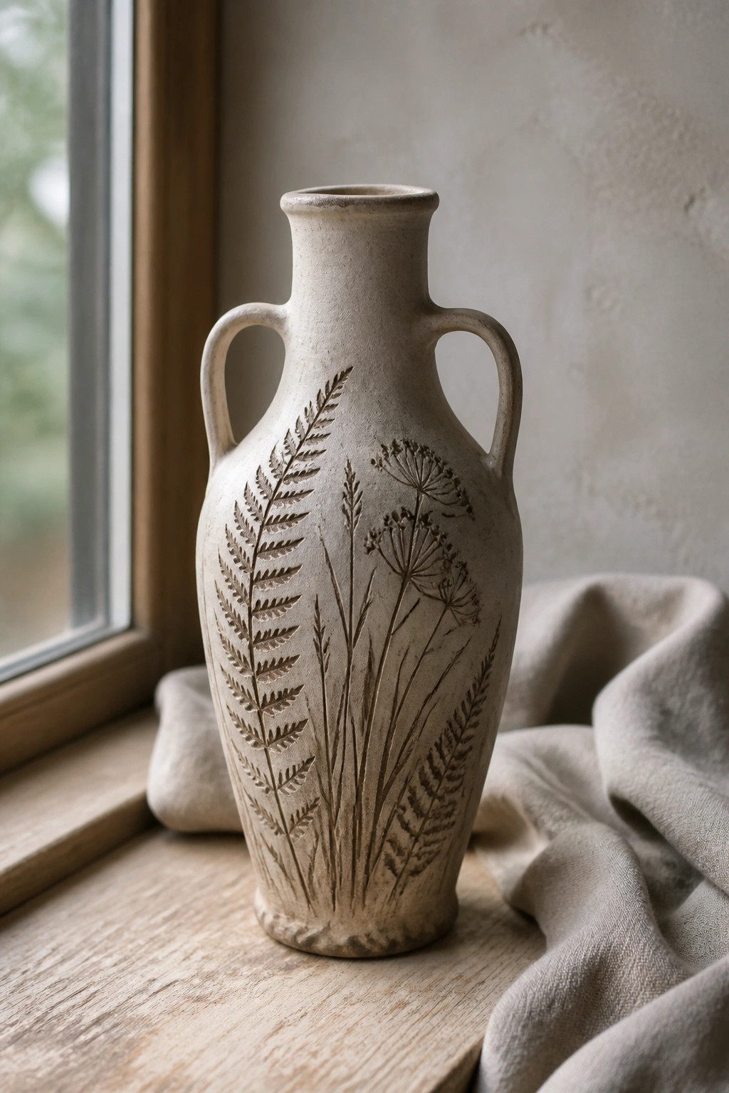 Beige two-handled ceramic vase with fern and flower etchings on wooden windowsill