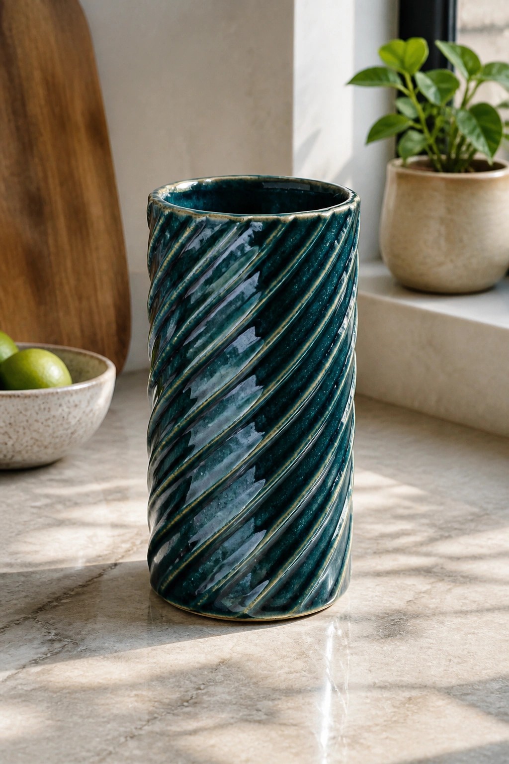 Tall teal ribbed ceramic vase on light marble kitchen countertop