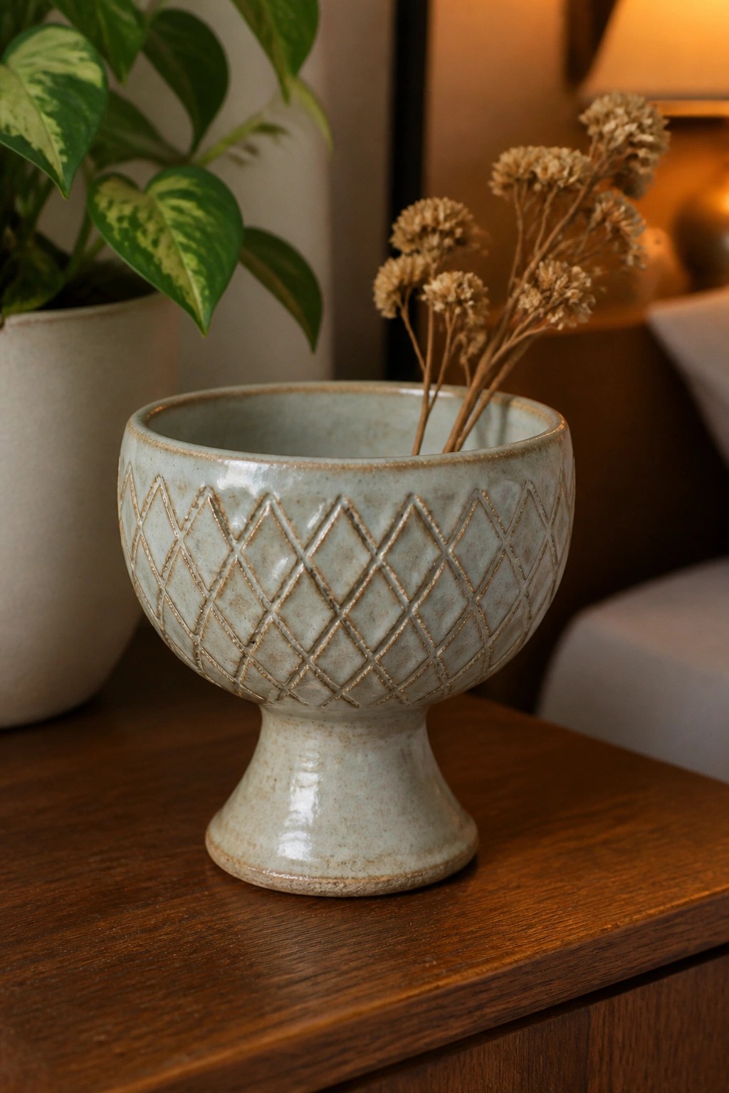 Light green ceramic pedestal bowl with diamond pattern holding dried flowers on wood table