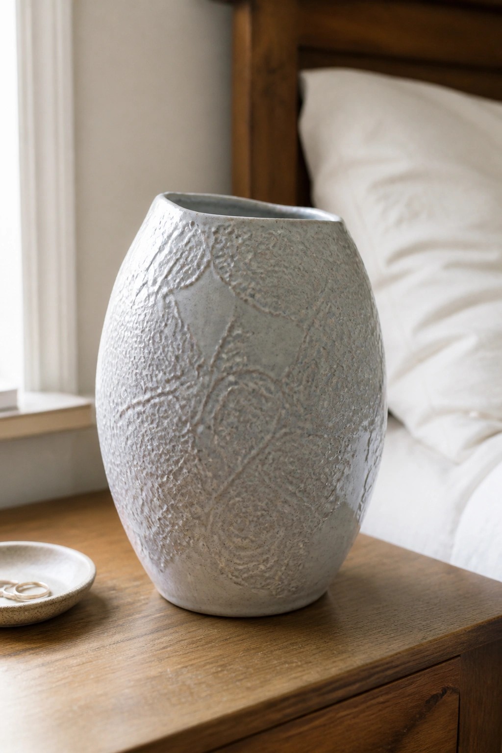 Textured gray ceramic vase on wooden nightstand beside white bed linens.