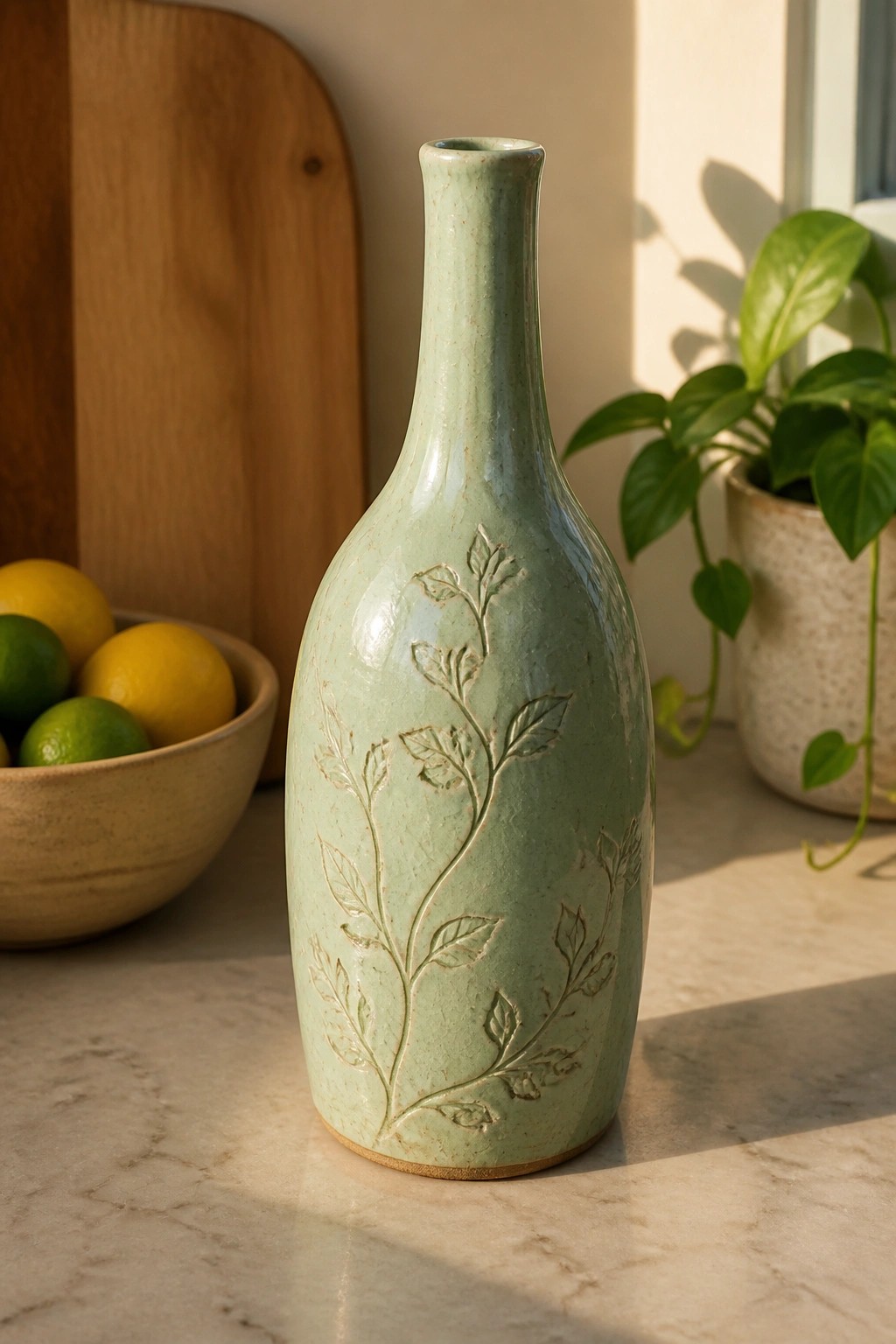 Light green ceramic vase with embossed leaves on marble counter near citrus and plant