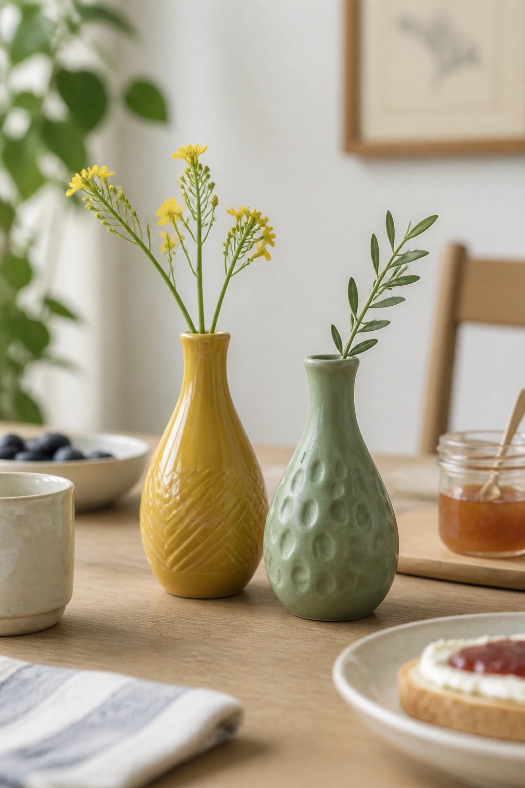 Two ceramic vases, yellow and green, with flowers on a wooden breakfast table.