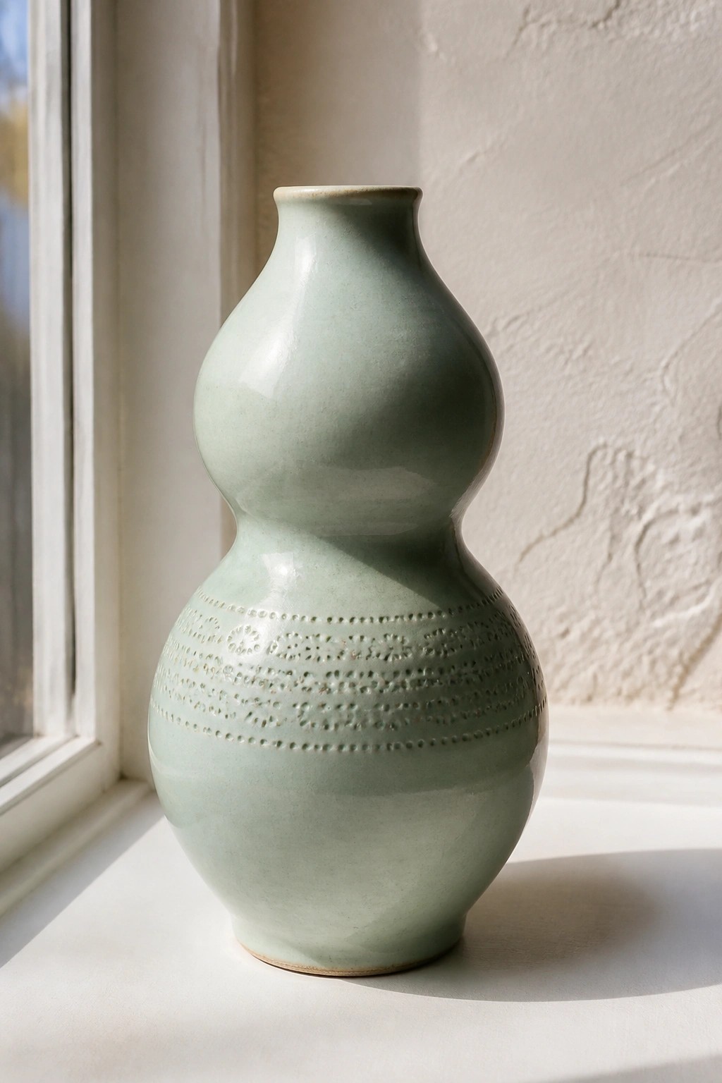 Light green double-gourd ceramic vase with dotted patterns on windowsill