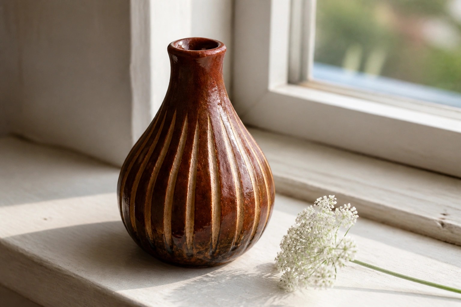 Brown striped ceramic vase and purple flower on white windowsill by window.