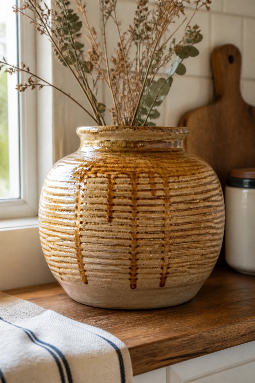 Rustic ceramic vase with dripping brown glaze holding dried branches on wooden counter