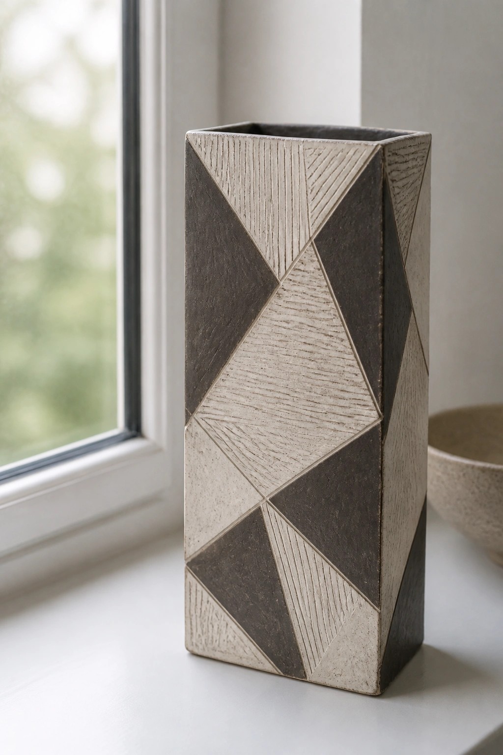 Tall rectangular ceramic vase with brown-beige geometric patterns on white windowsill.