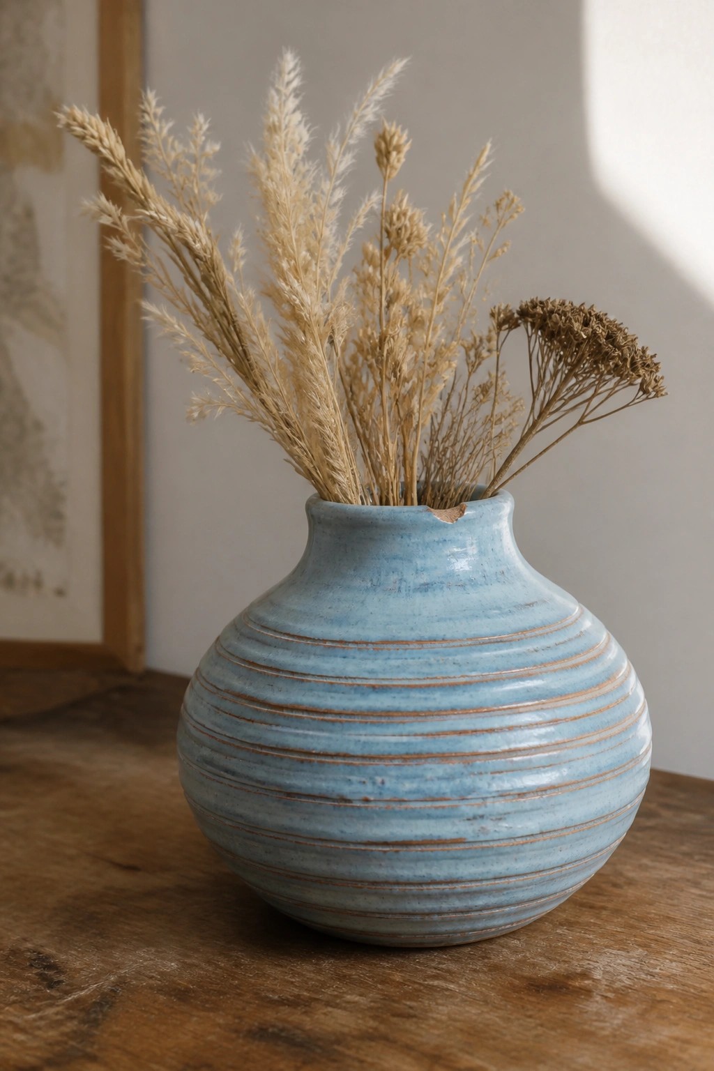Blue ribbed ceramic vase with dried grasses on wooden table