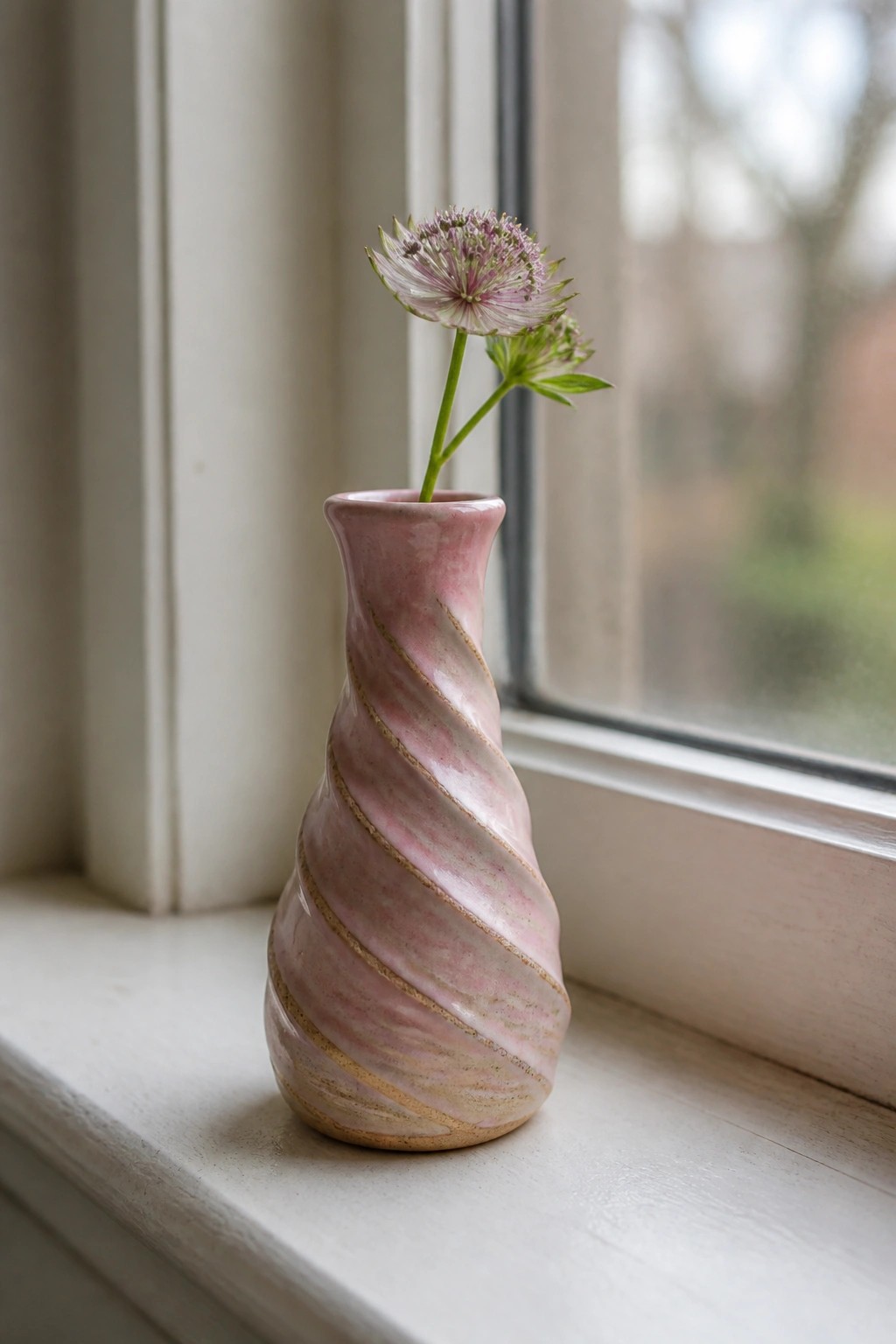 Pink twisted ceramic vase with gold accents holding a star-shaped flower on windowsill