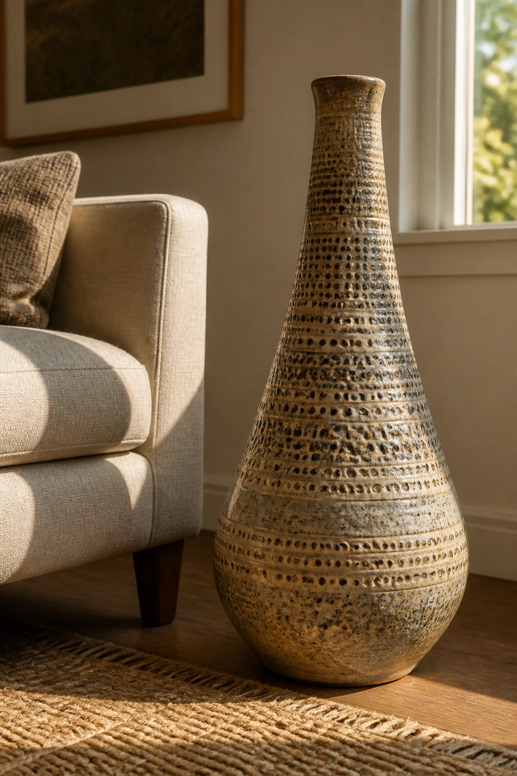 Tall speckled ceramic vase beside beige armchair on sunlit wooden floor
