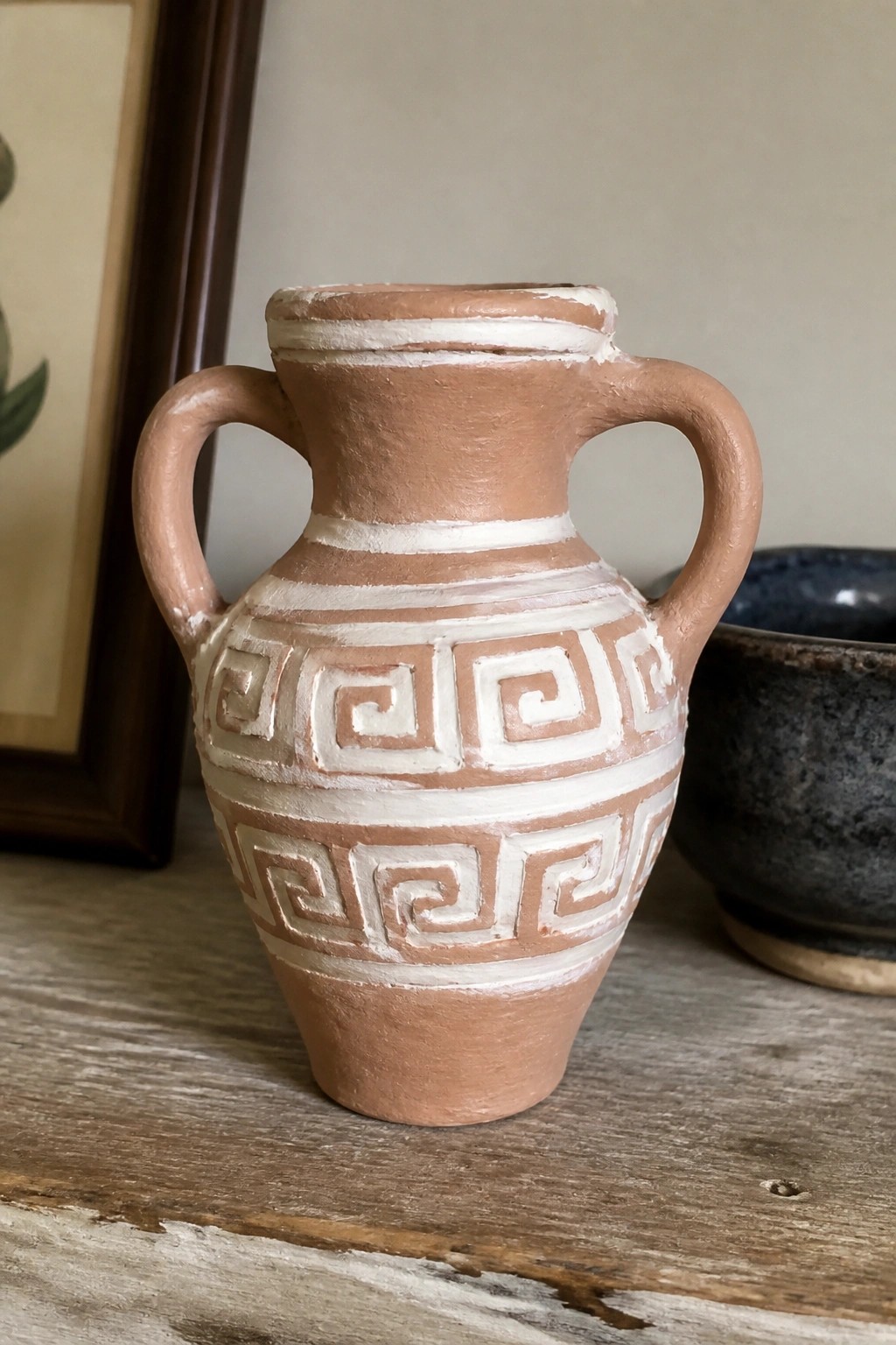 Terracotta amphora with white Greek key patterns and handles on wooden table