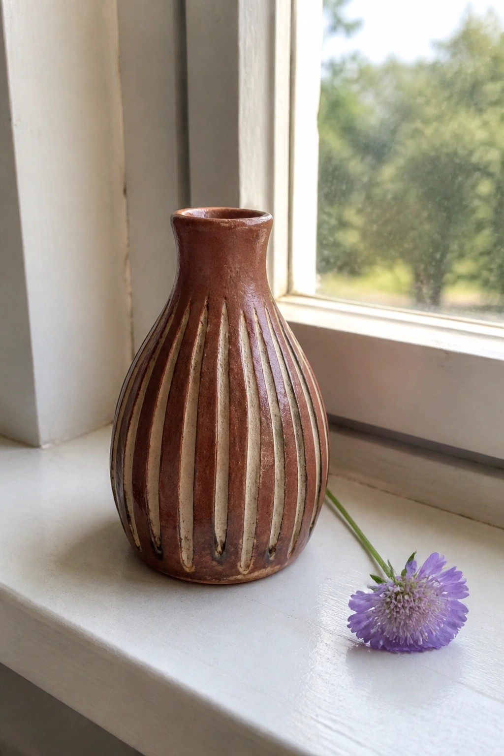 Brown striped ceramic vase and purple flower on white windowsill by window.
