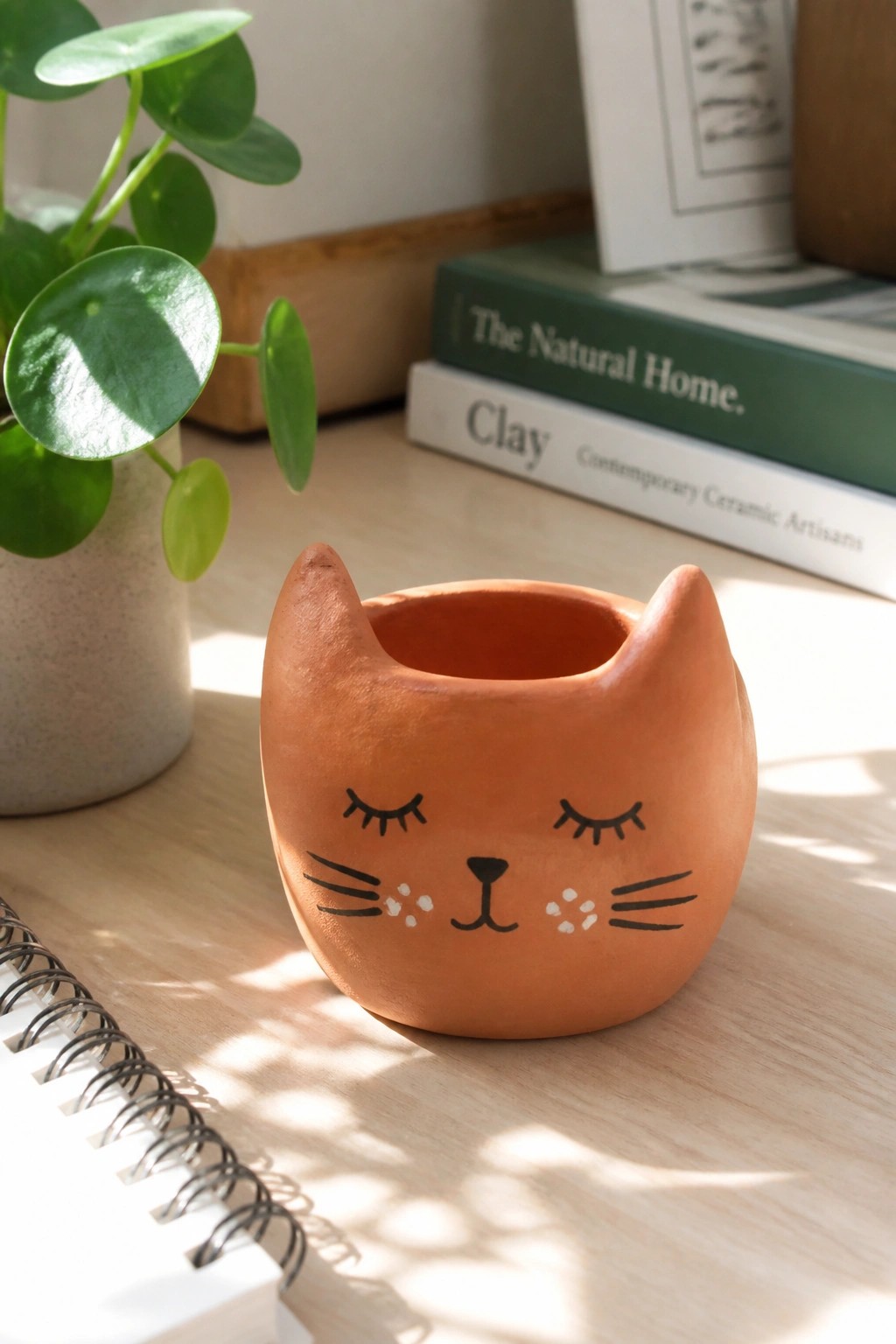 Orange terracotta cat head planter with closed eyes on sunlit wooden table