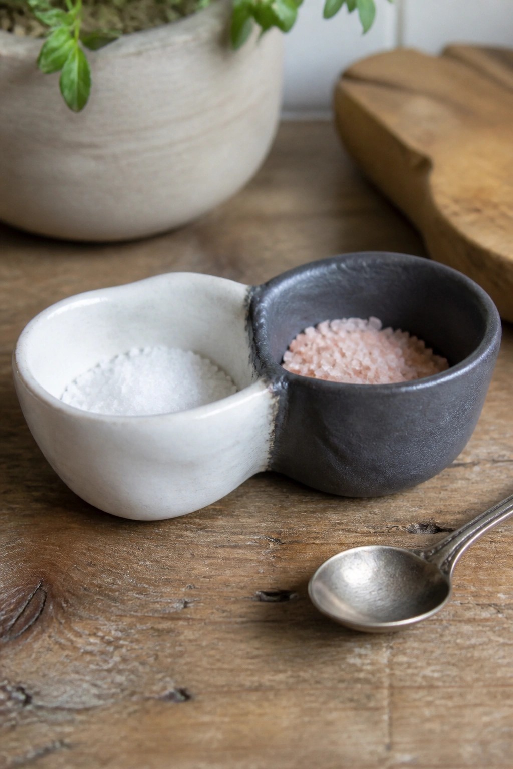 Ceramic double bowl with white and pink salt beside metal spoon on wood.