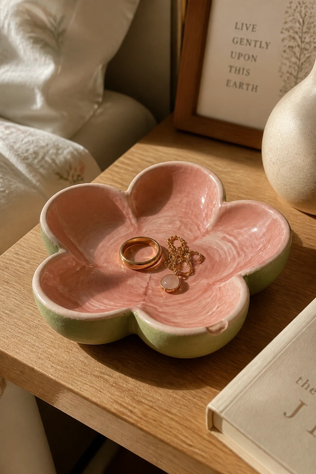 A pink and green flower-shaped ceramic dish holding a gold ring and necklace on a wooden table.