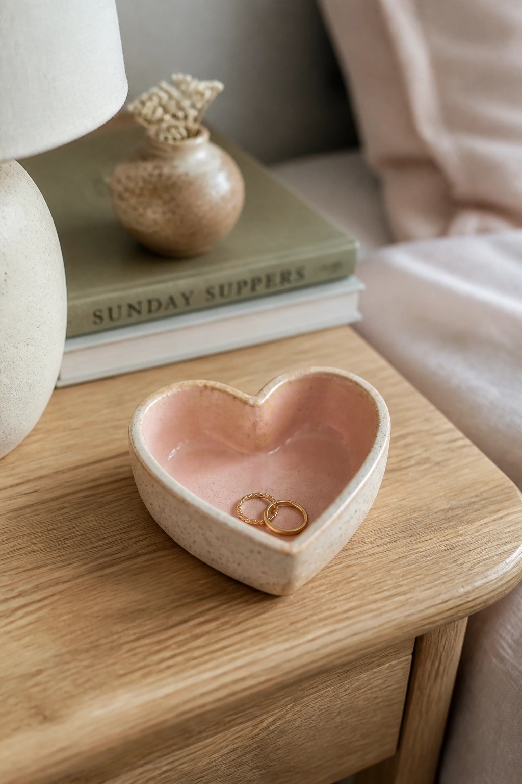 Pink heart-shaped ceramic bowl with two gold rings on wooden table