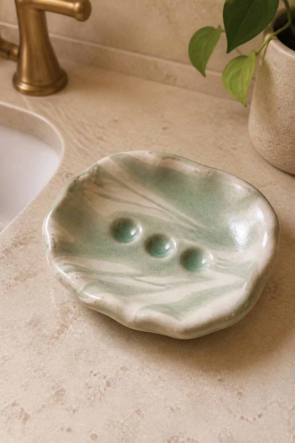 Green and white marbled ceramic soap dish with three wells on marble counter