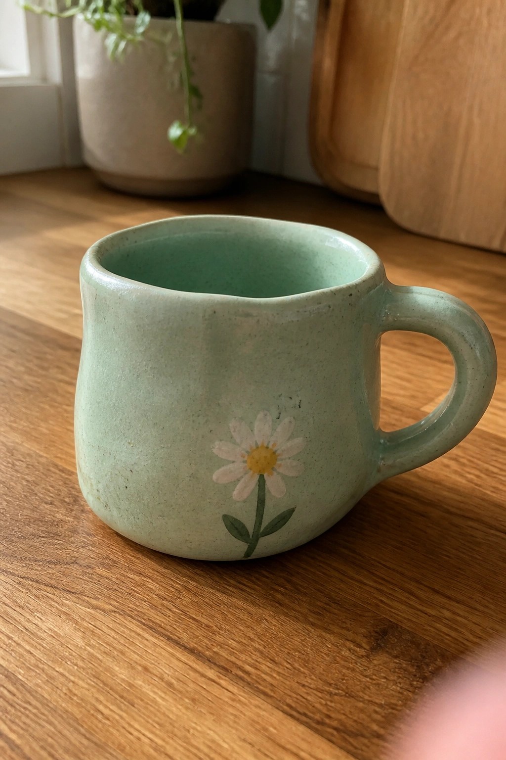 Light green speckled ceramic mug with daisy flower on wooden table