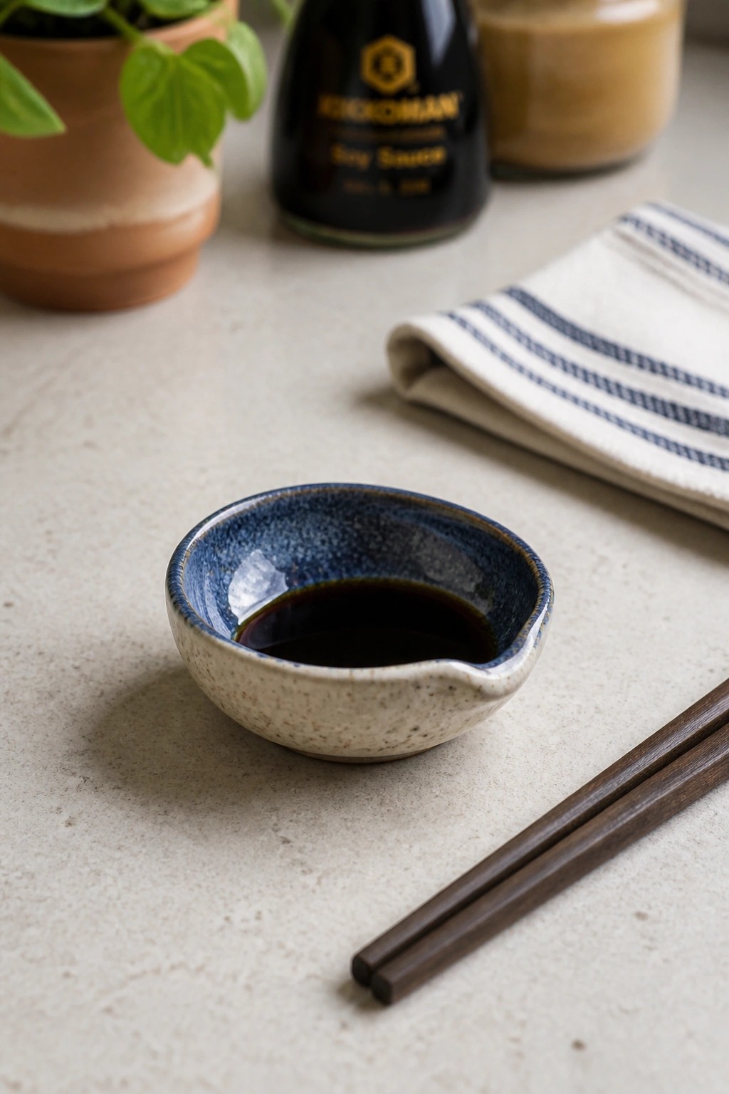 Blue ceramic bowl of soy sauce with chopsticks on light countertop