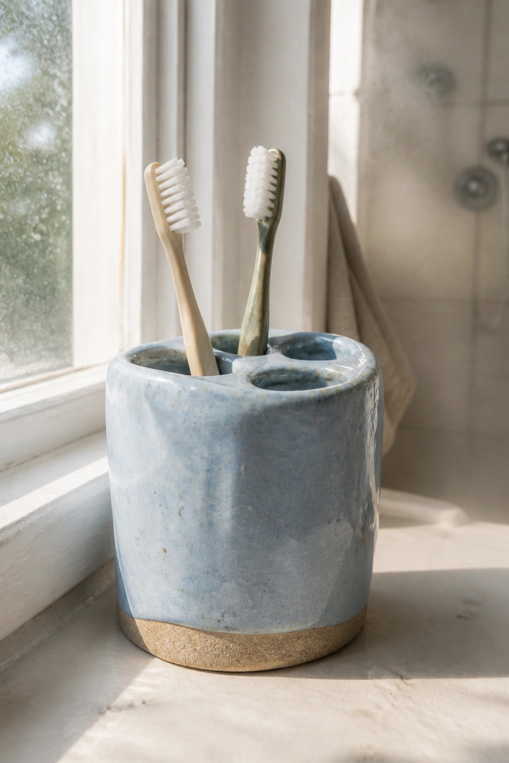 Blue ceramic holder with two toothbrushes on a sunlit bathroom windowsill