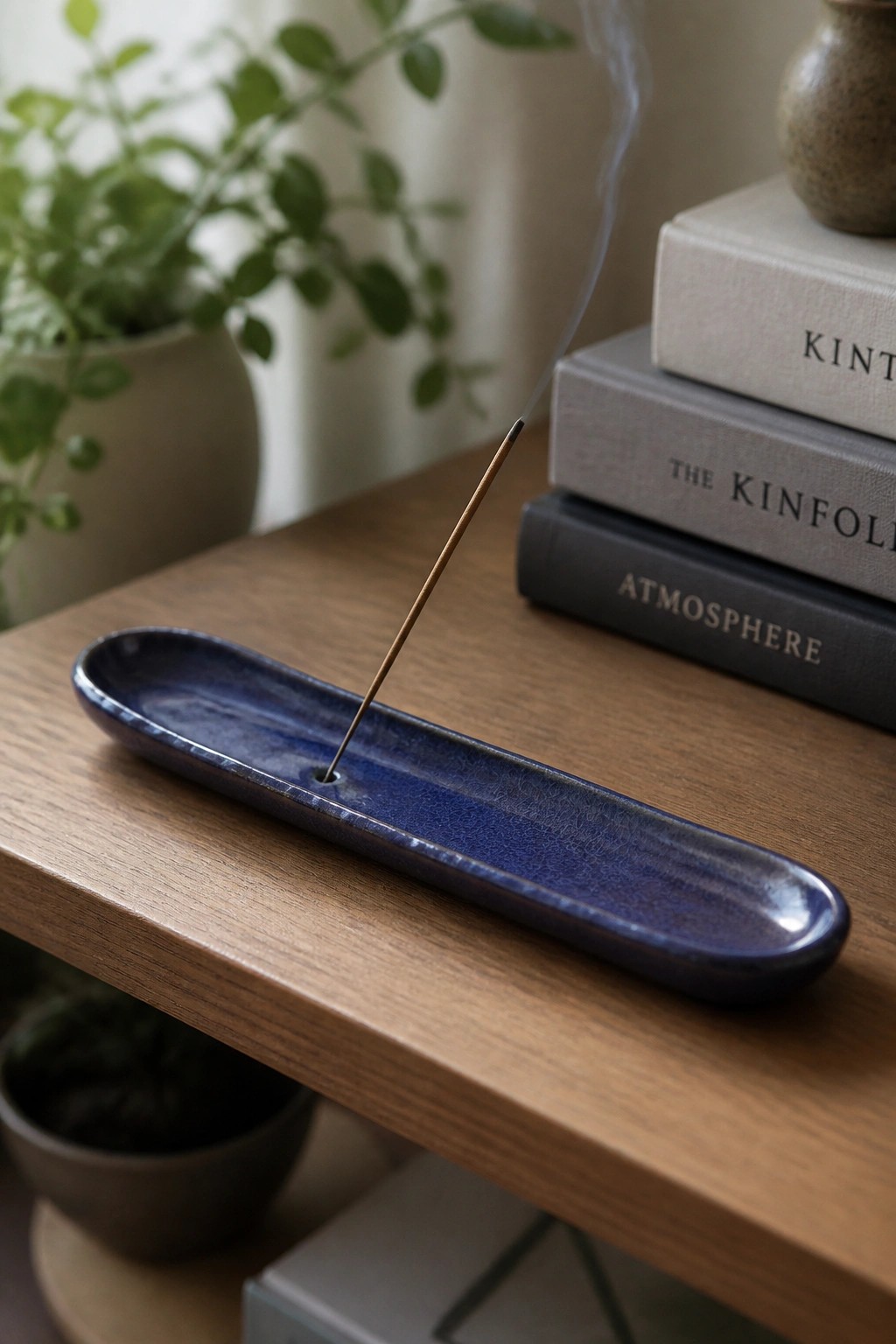 Blue ceramic incense holder with lit stick and rising smoke on wooden table beside books.