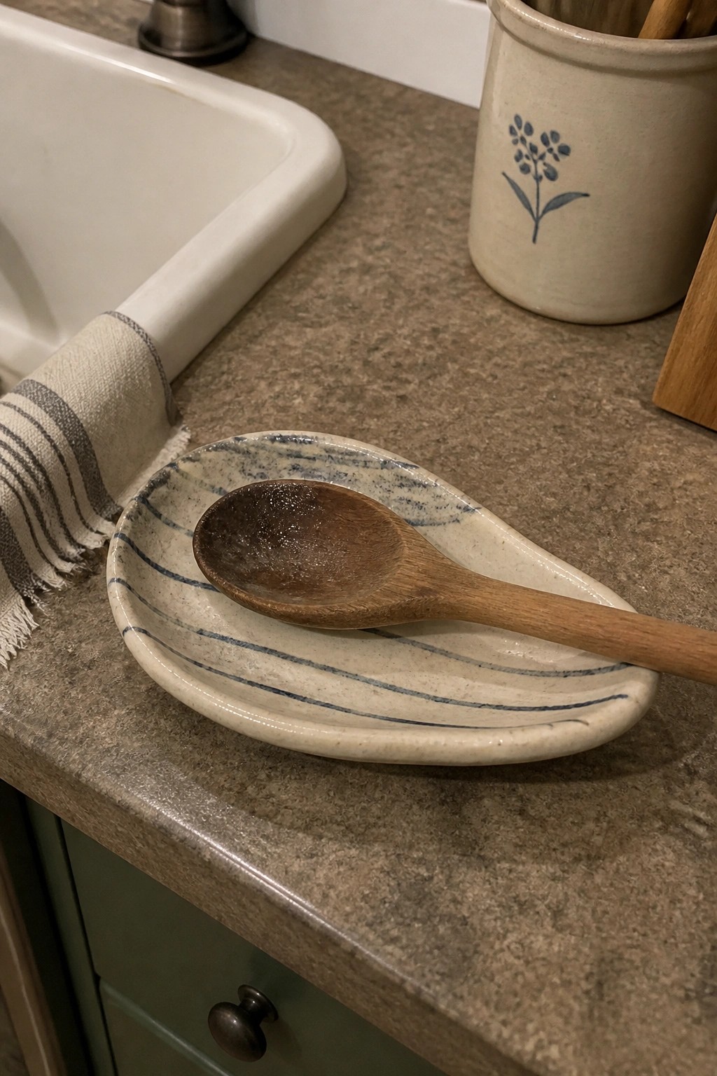 Wooden spoon on blue-striped ceramic rest beside sink on granite countertop
