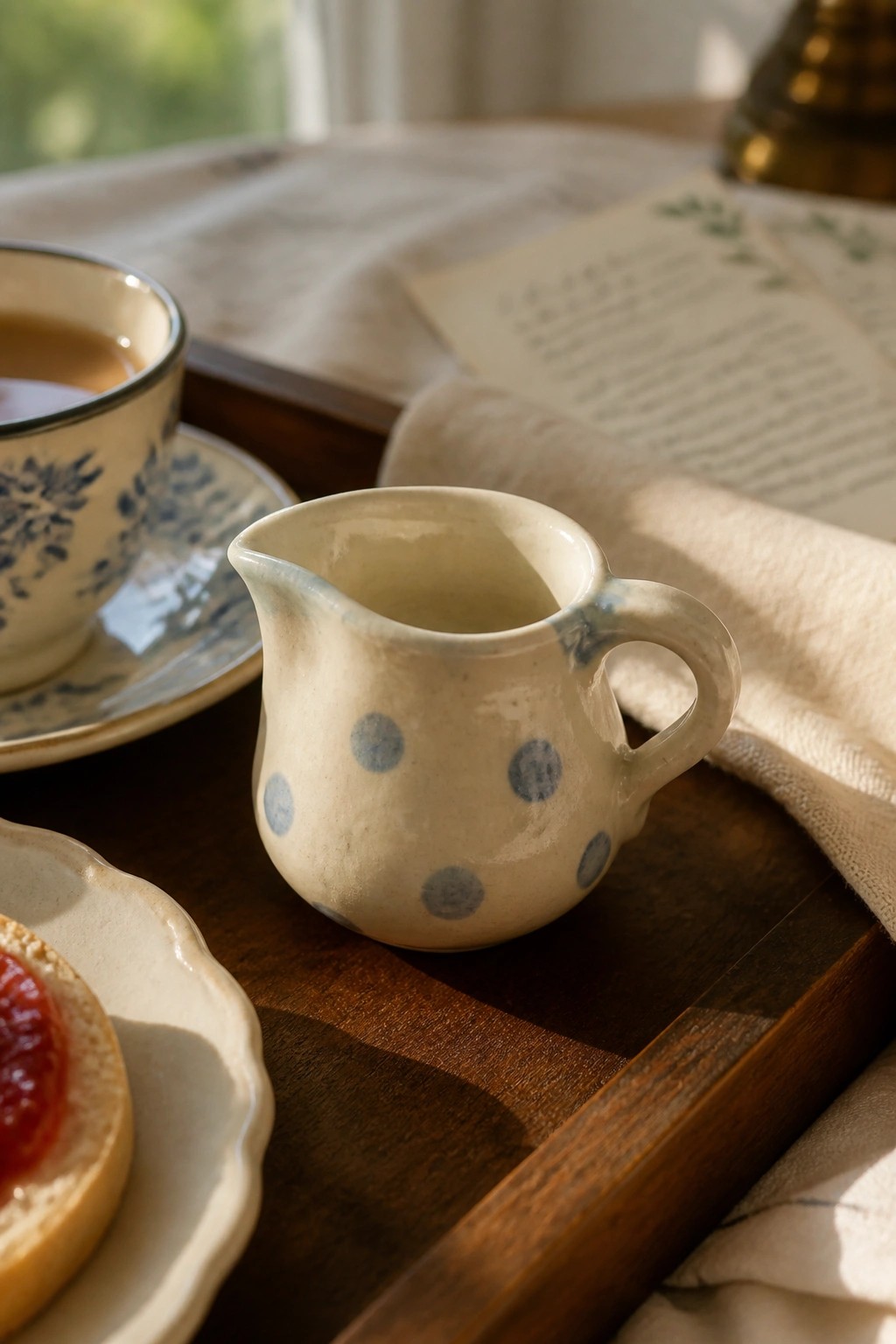 Blue polka-dotted ceramic creamer beside floral teacup, jam scone, and open book.