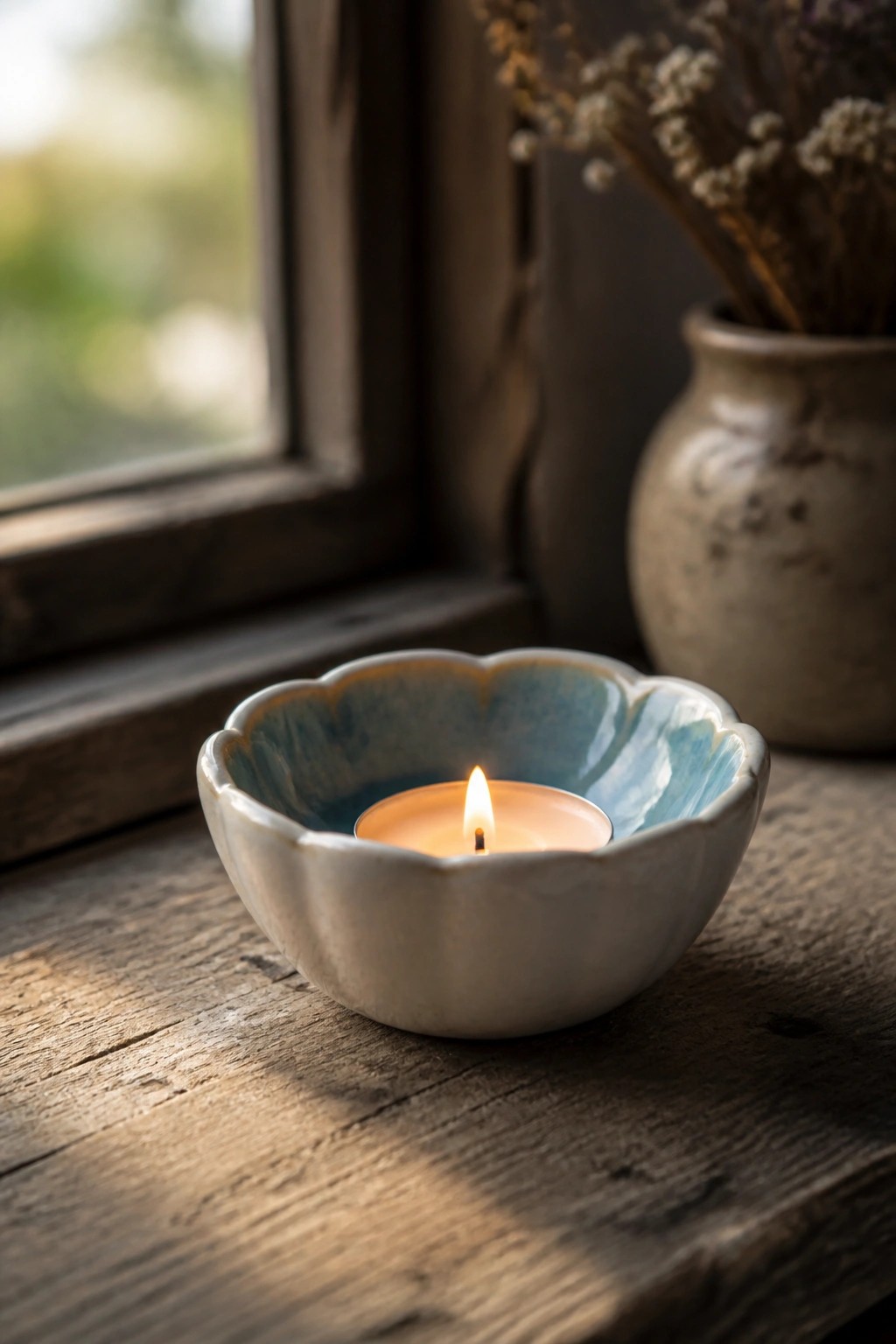Lit candle in scalloped white and blue bowl on wooden windowsill near vase