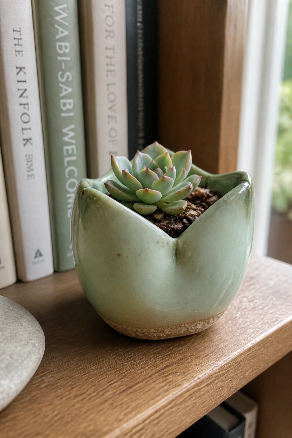 Small green succulent in a wavy light green ceramic pot on wooden shelf
