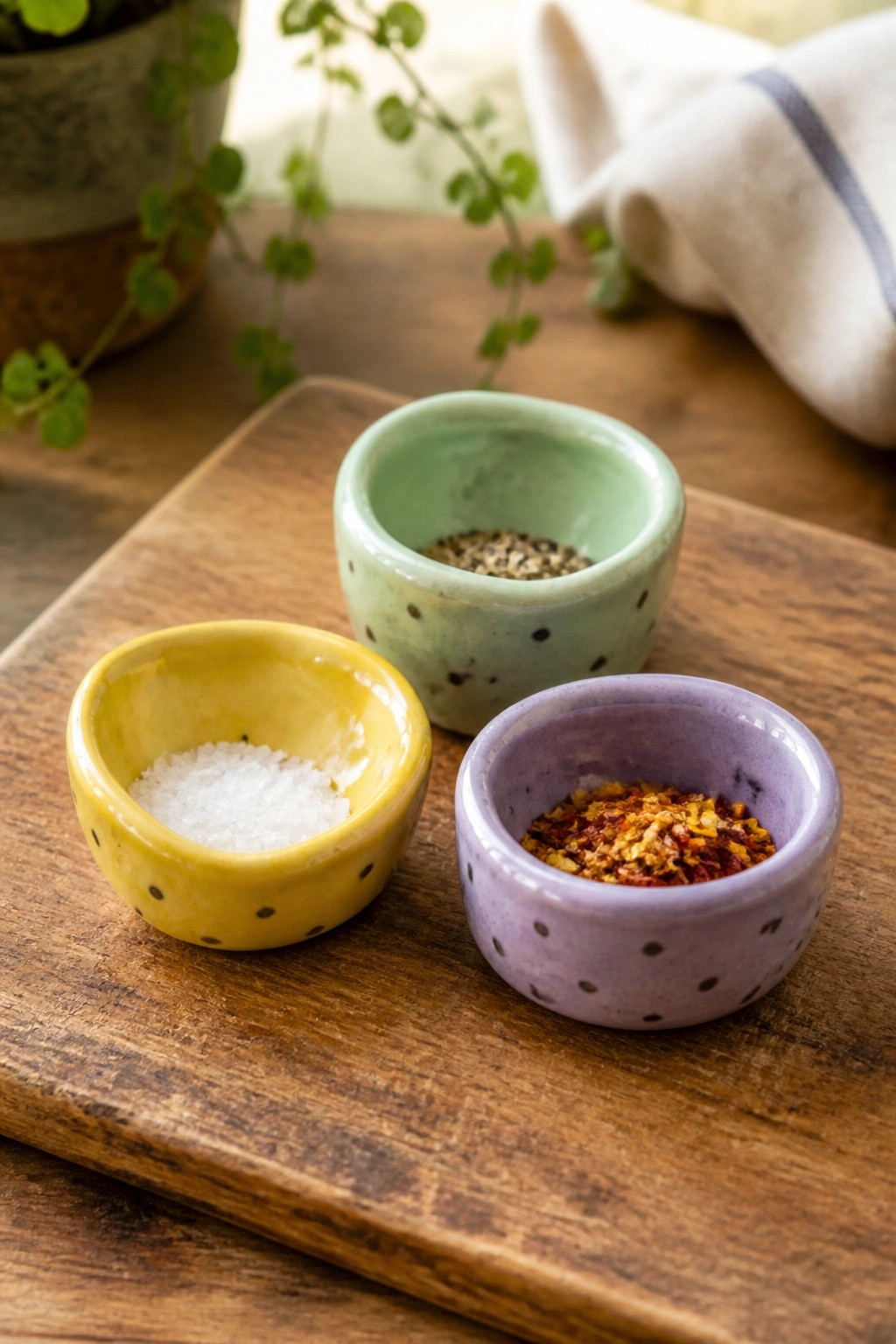 Three speckled ceramic bowls with salt, pepper, and chili flakes on wooden board