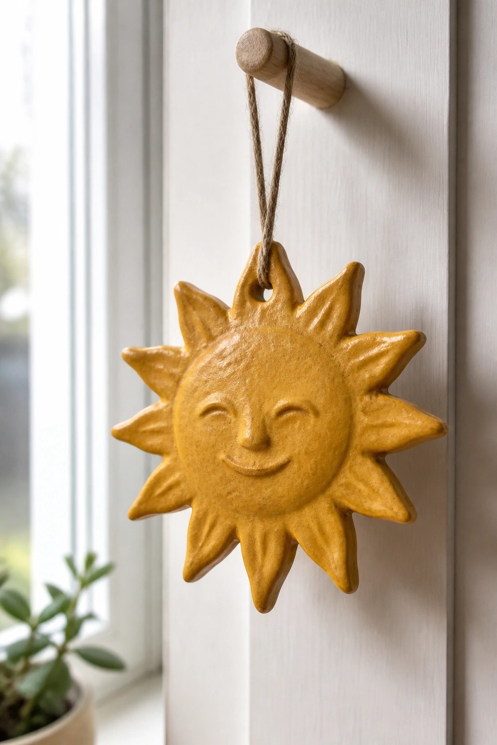 Yellow sun ornament with smiling face hanging from wooden peg on white door
