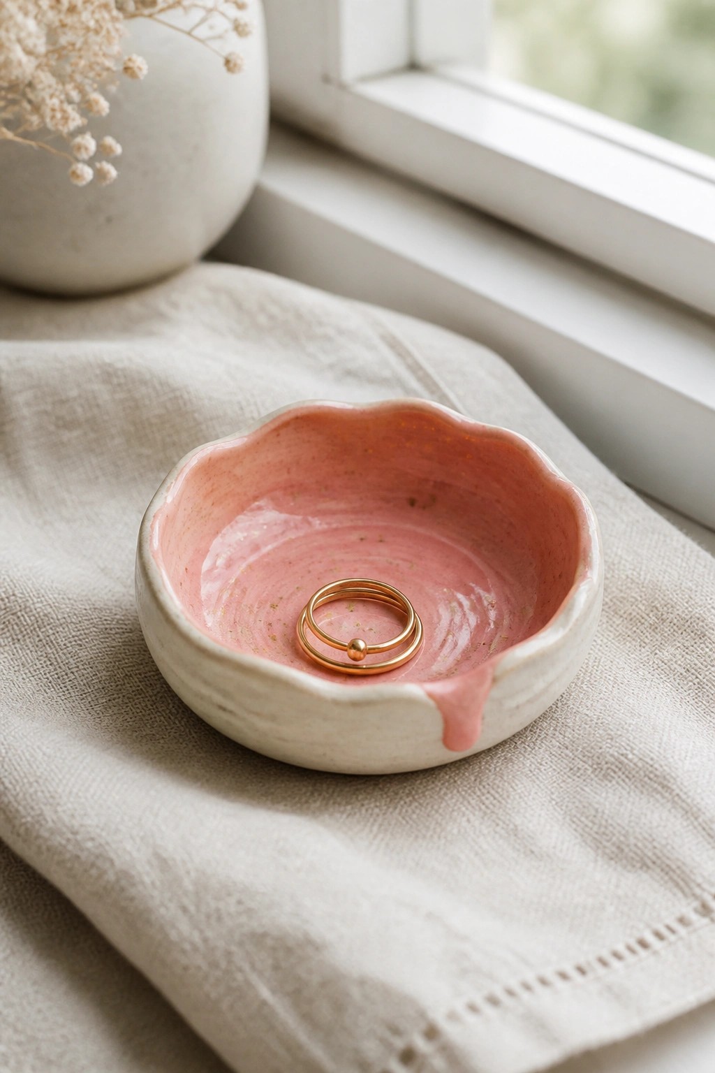 Pink ceramic bowl holding gold ring on beige linen by window with vase