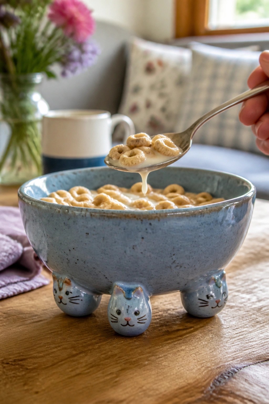 Hand lifts spoonful of cereal above blue bowl with cat-shaped feet.