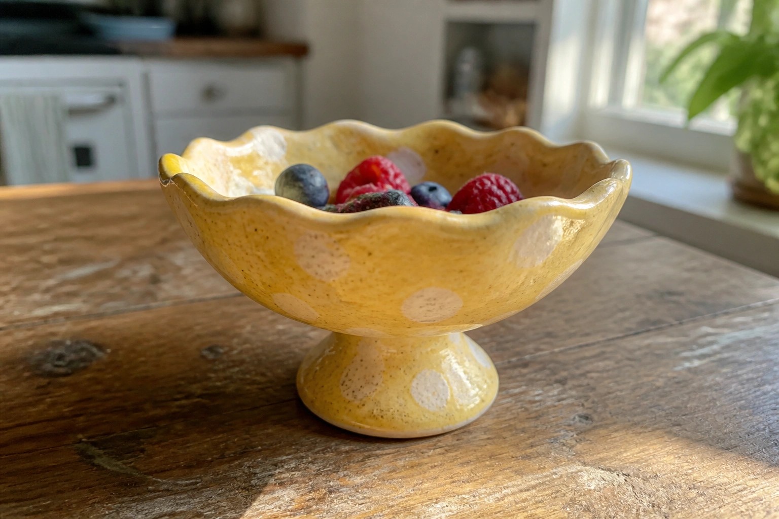 Yellow polka-dotted scalloped bowl filled with strawberries and blackberries on wooden table.