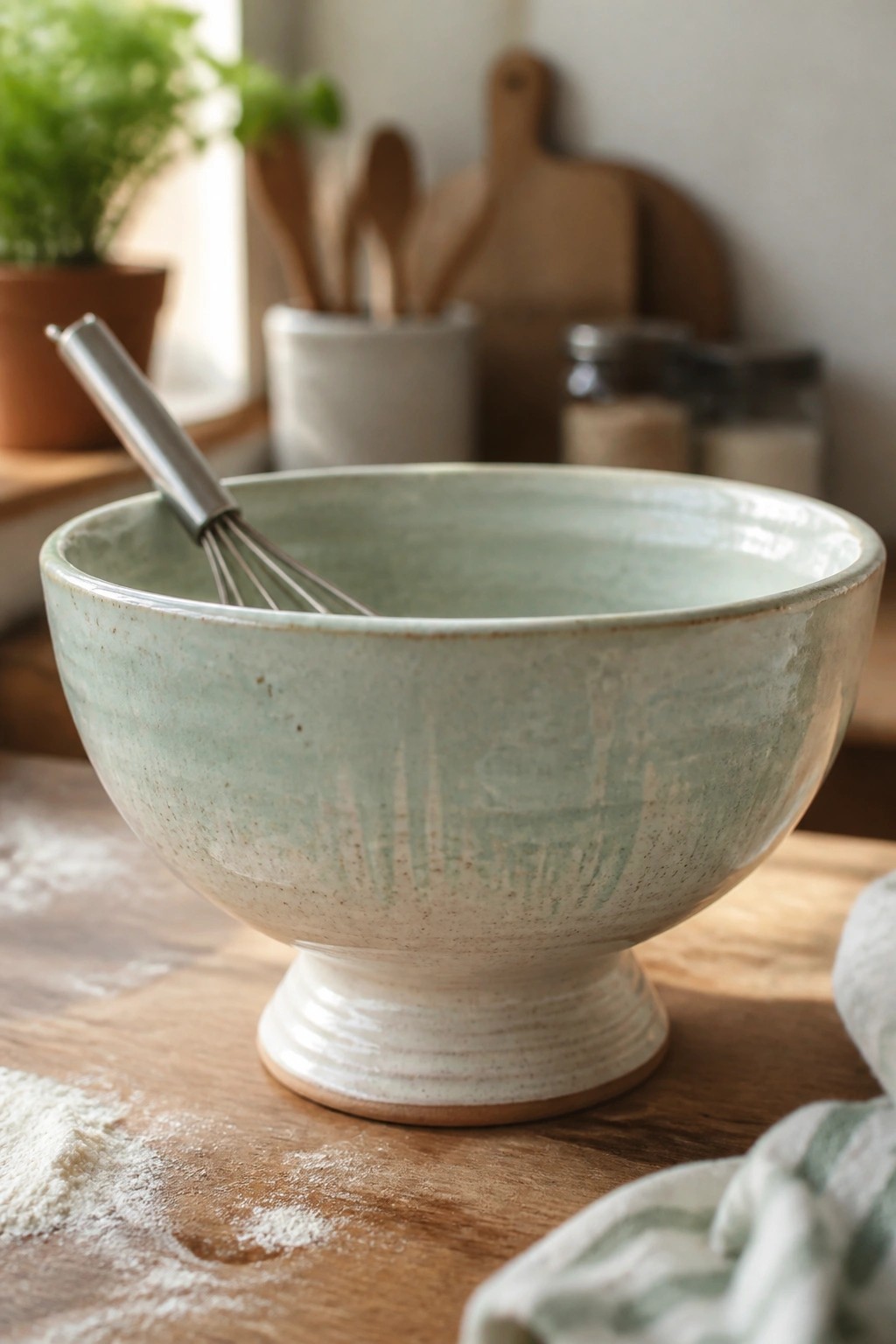 Pedestal ceramic bowl with whisk on flour-dusted wooden kitchen counter