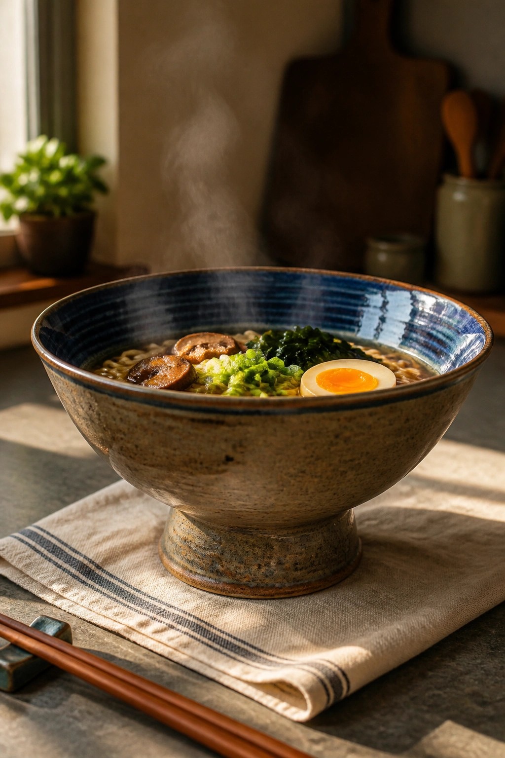 Steaming ramen bowl with egg, mushrooms, and greens on striped cloth beside chopsticks