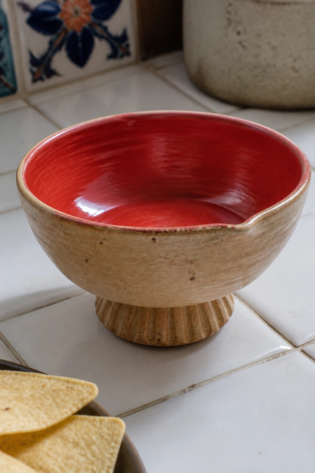 Red ceramic bowl with fluted pedestal base beside tortilla chips on white tiles