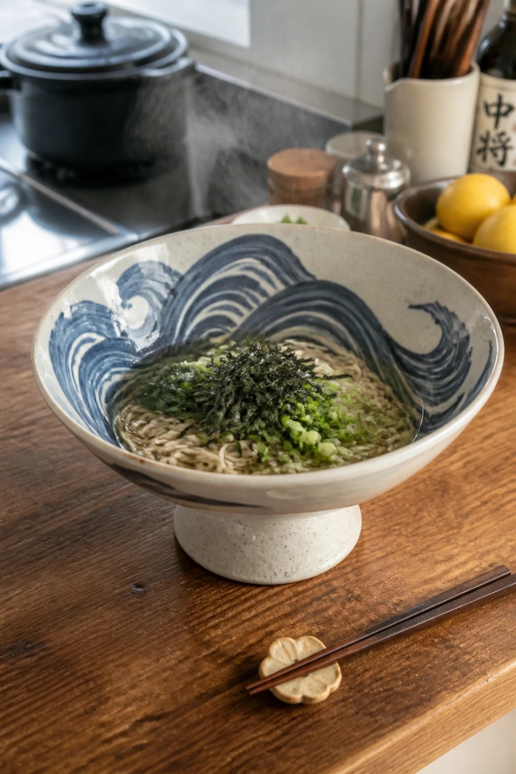A footed ceramic bowl with blue wave patterns holds noodles topped with green onions and seaweed on a wooden table beside chopsticks.